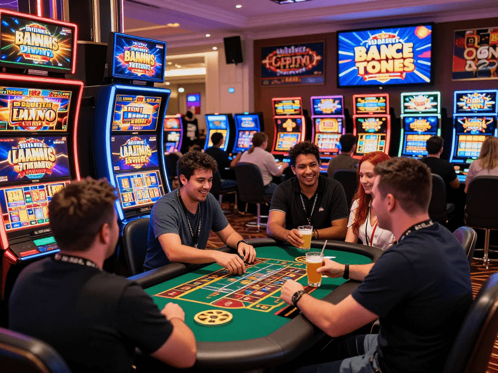 Exciting USA online casino experience for UK players at https://aboutobo.com, showcasing diverse gamers enjoying slots and live dealer action.