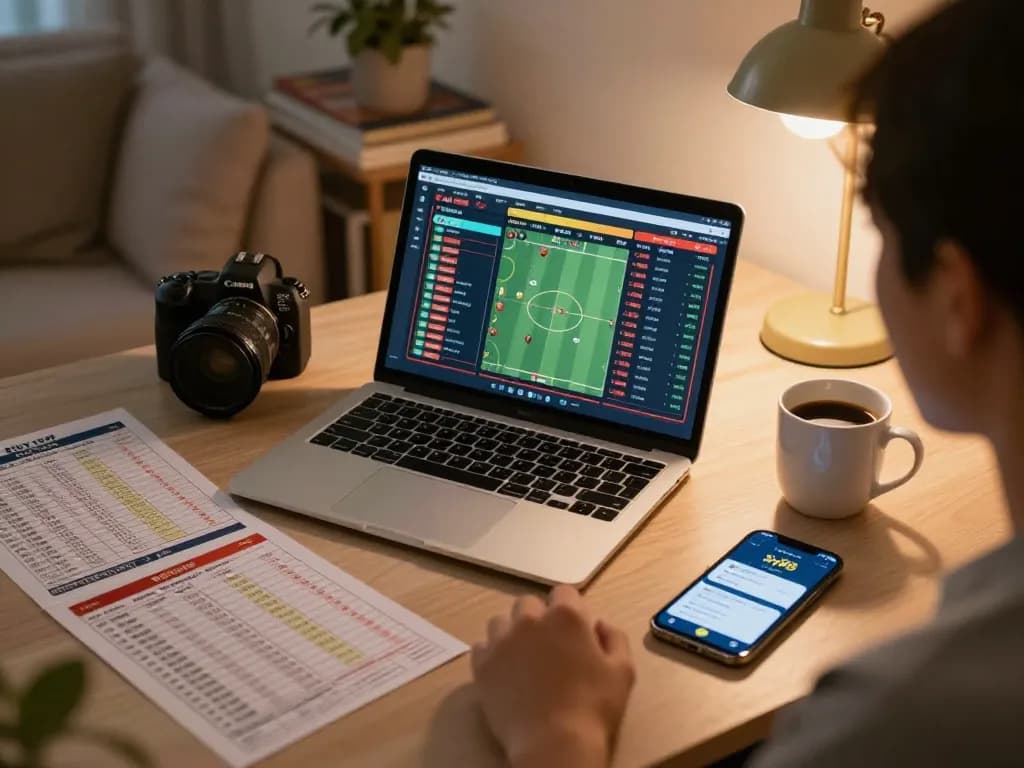 Person analyzing sports odds with Nhà cái Sky88 app on laptop in cozy home setting.