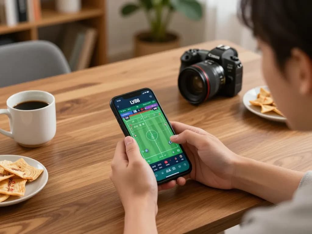 Engaging in mobile betting on LV88 app while enjoying a cozy home setup.