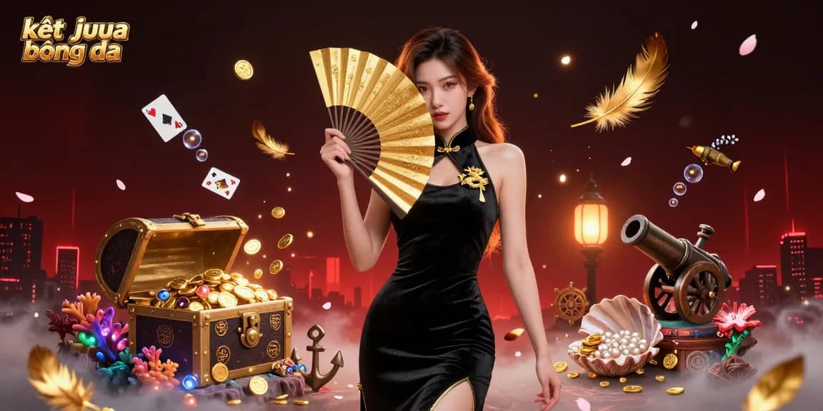 Experience kết quả bóng đá with a glamorous Asian woman amidst golden treasures and illuminated fantasy elements.