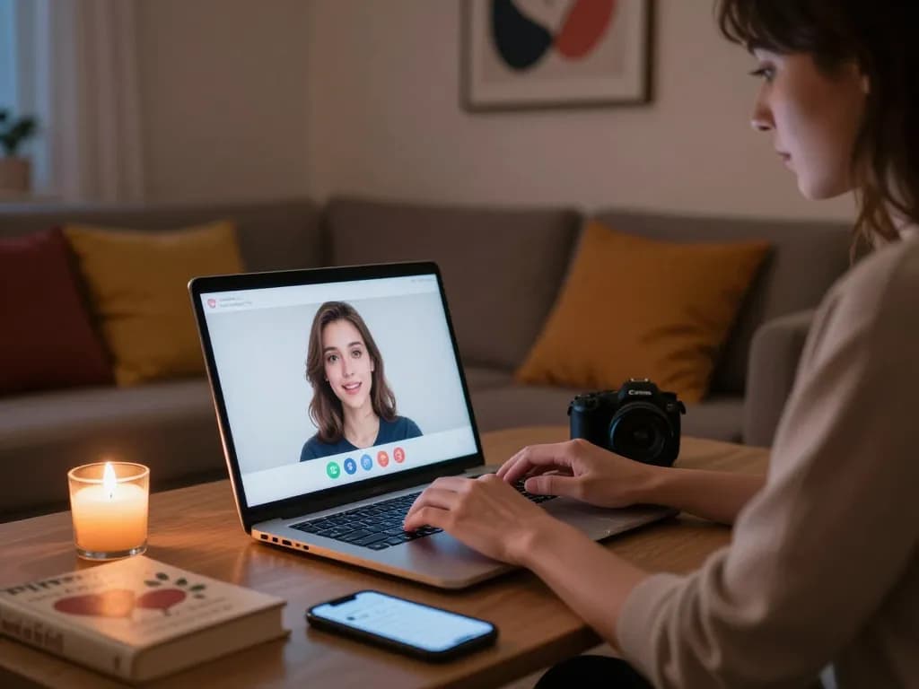Engaging in ai porn chat on a laptop in a cozy atmosphere with warm lighting and romantic decor