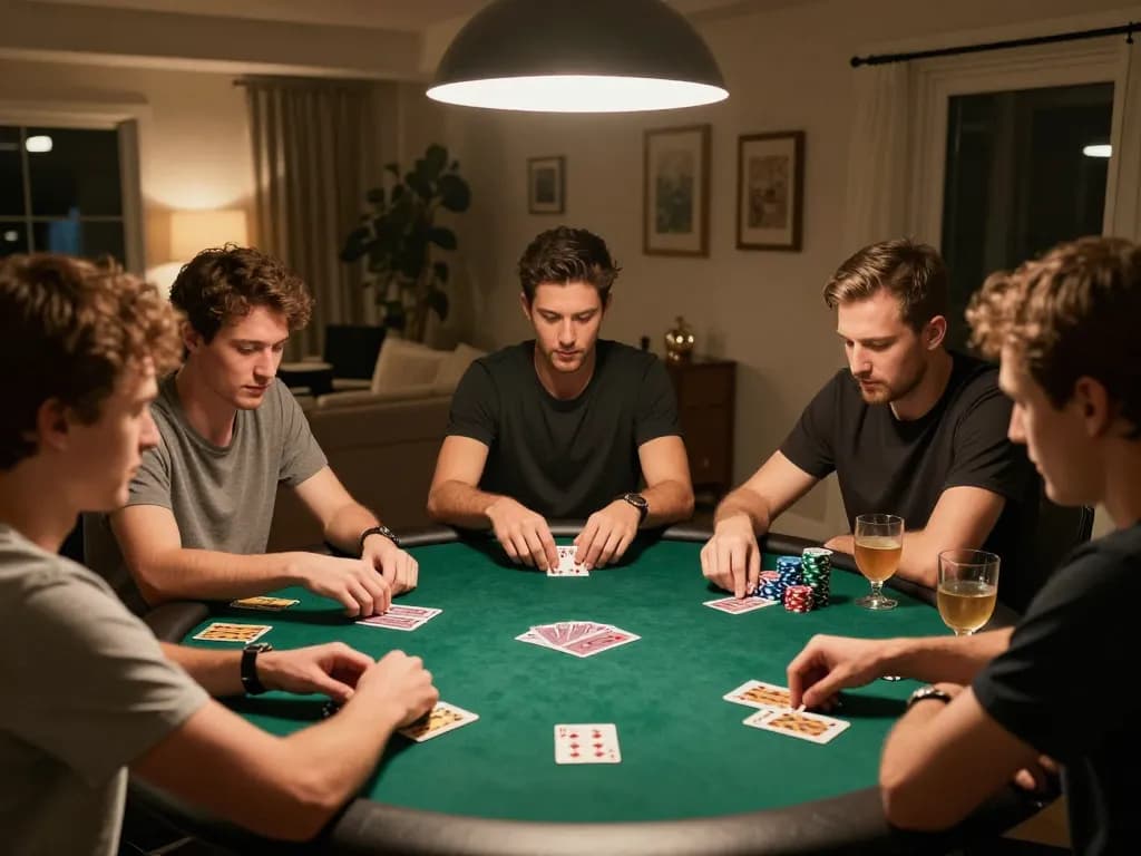 Friends enjoying poker night at home with a competitive atmosphere, 88vvgo casino gaming experience
