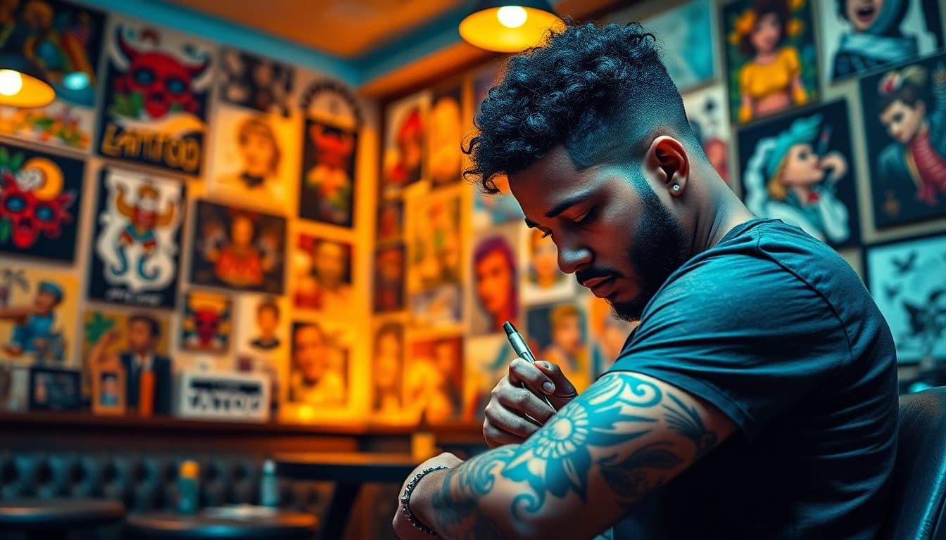 Creative tattoo scene at https://89bet.tattoo/ featuring a skilled artist and vibrant artworks.