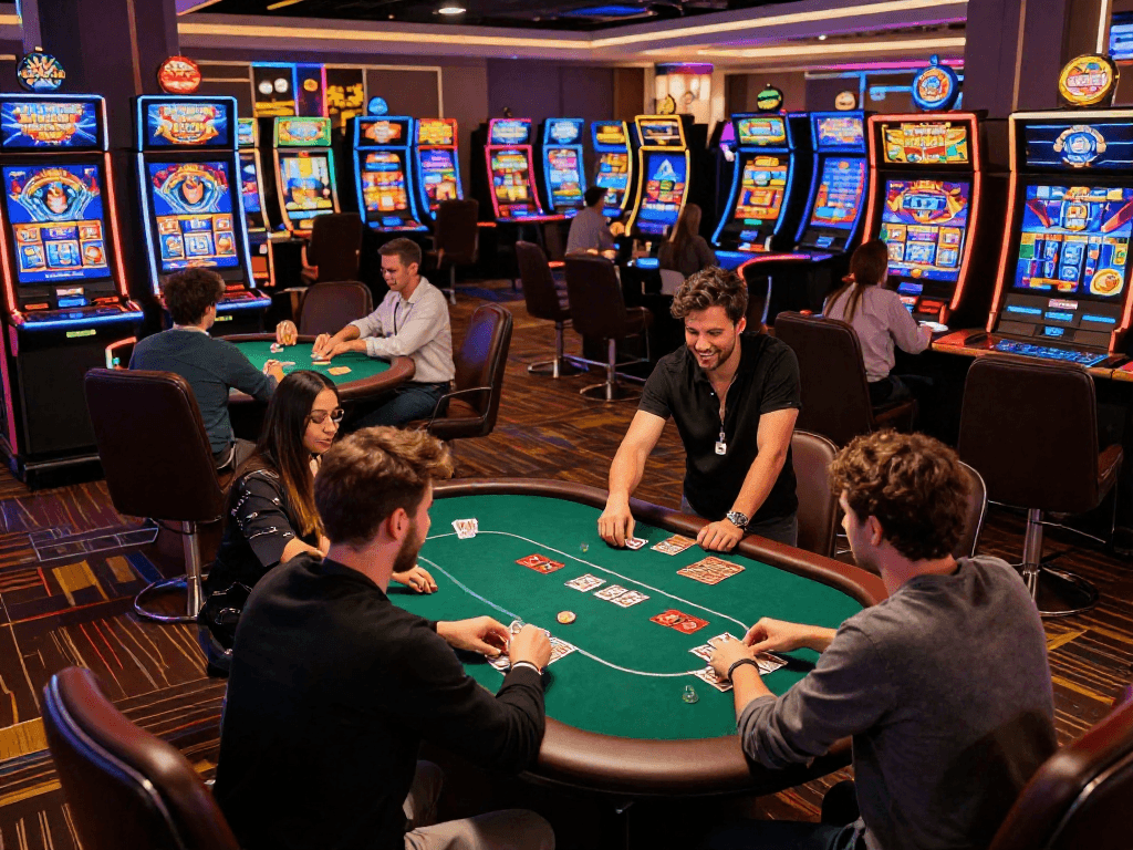 Players enjoying thrilling games at non UK casinos not registered on Gamstop with vibrant neon lights and engaging slot machines.