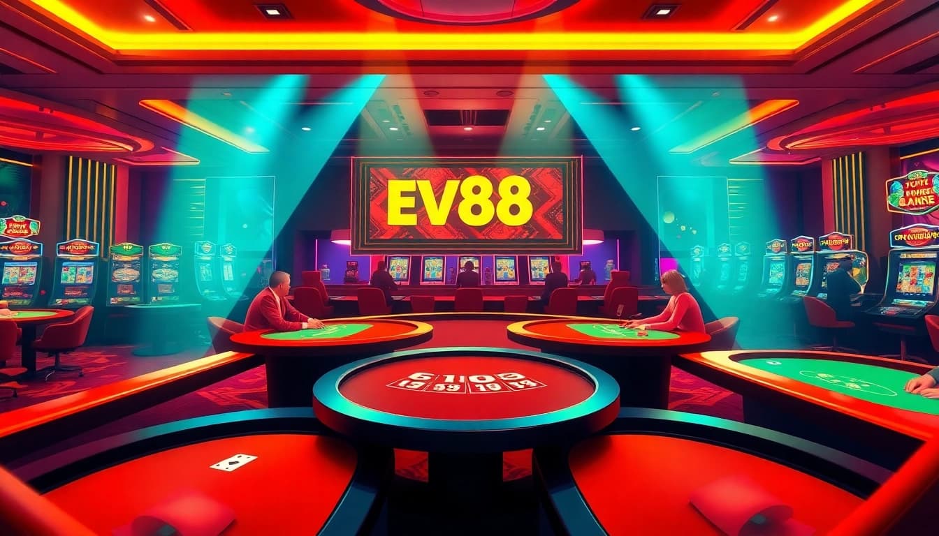 Experience the excitement of ev88win.live with a luxurious online casino scene featuring dynamic gaming action.