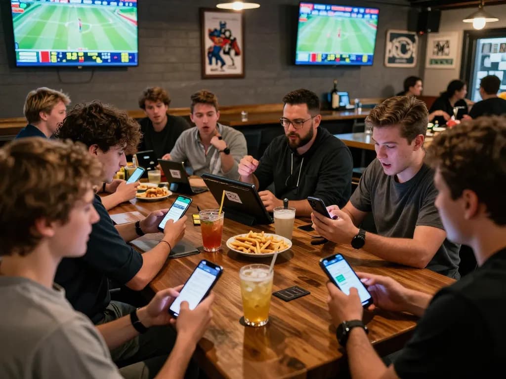 Patrons engaged in sports betting using kèo nhà cái on smartphones and tablets in a lively bar atmosphere