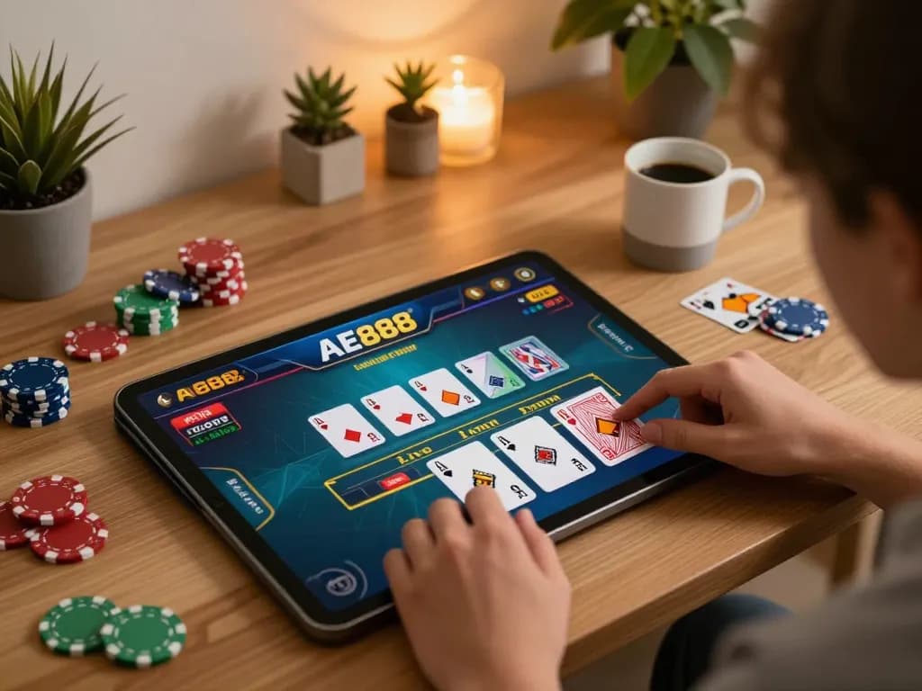 Player engaging with AE888 mobile app for live dealer games, highlighting interactive gaming experience