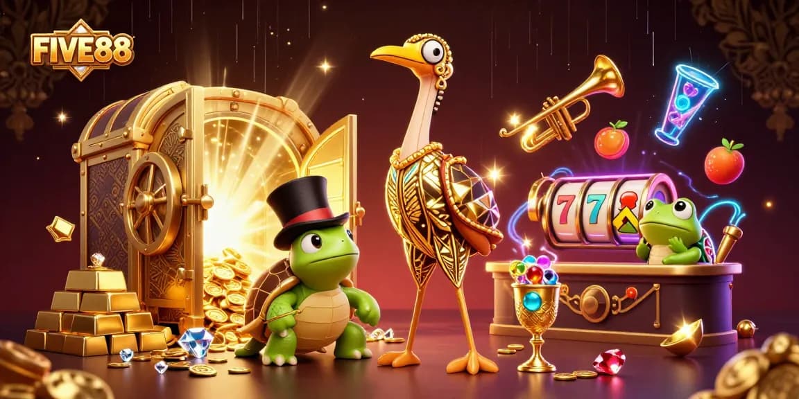 Experience thrilling gameplay at FIVE88 with interactive slot reels, golden treasures, and vibrant characters.