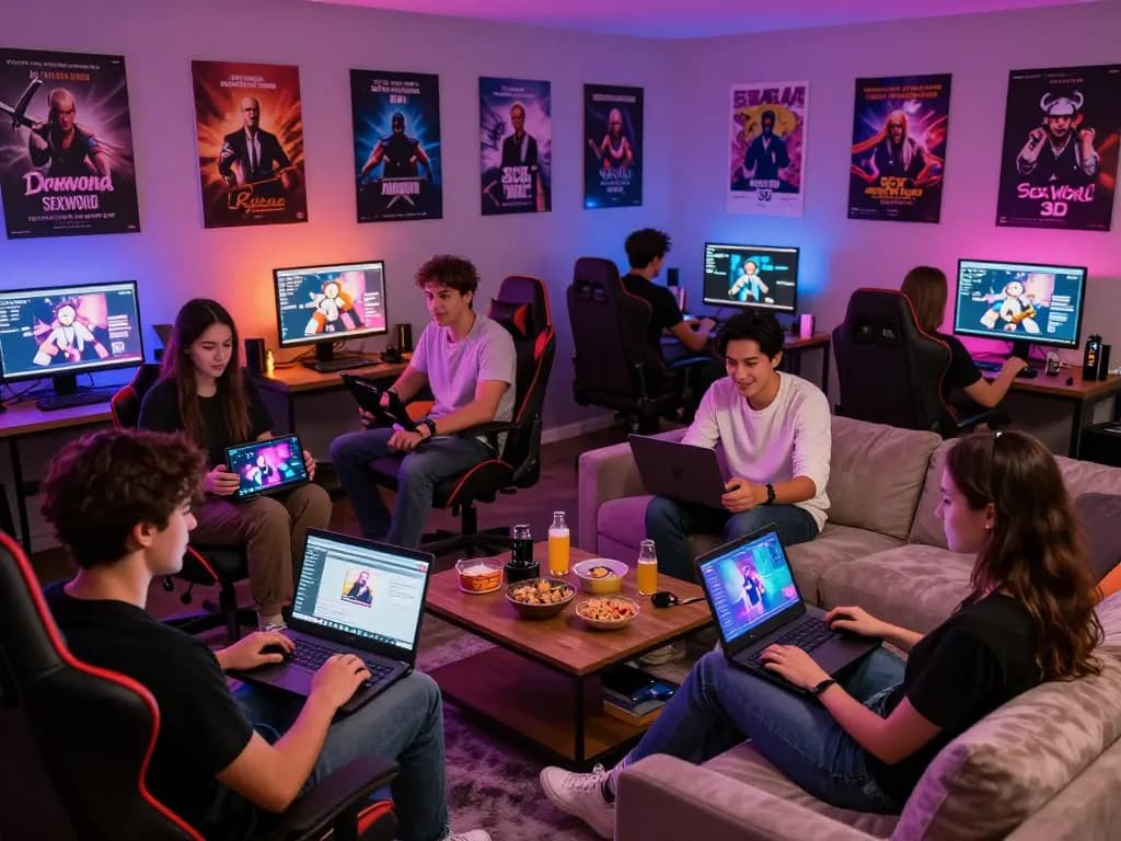 Friends enjoying interactive sex games in a vibrant gaming lounge atmosphere.