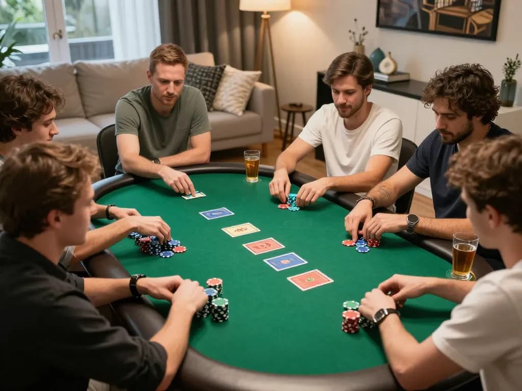 Friends engaged in a strategic poker game at home, showcasing CK444's social gaming experience.