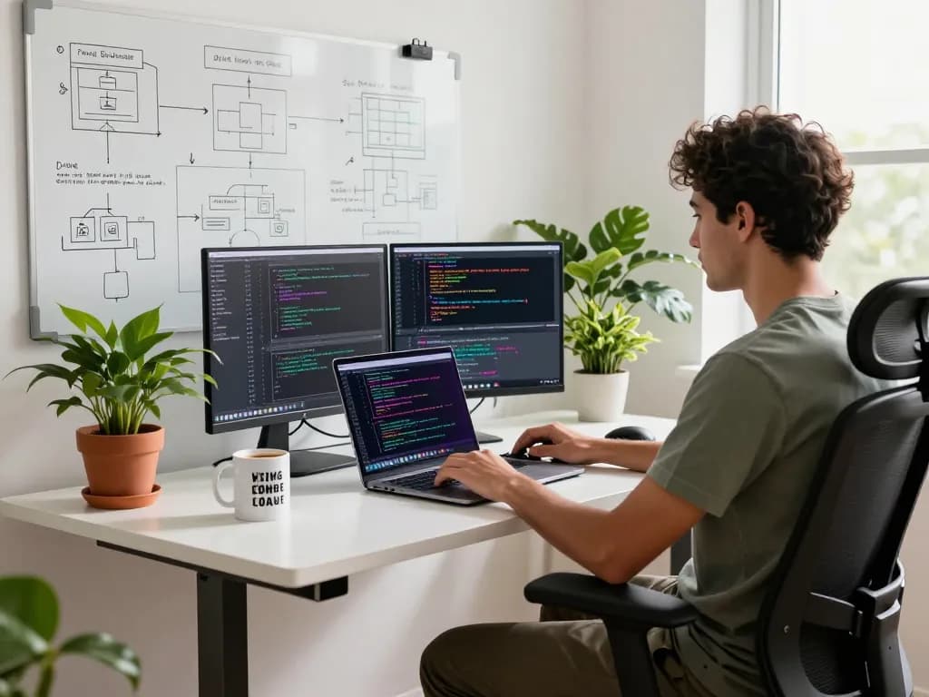 Developer working on Moltbot mac installation in a modern home office with natural light and tech elements.
