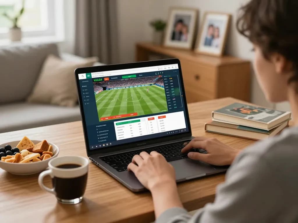 Engaging online sports betting scene at home with laptop interface from https://tip88xyz.com/ displaying live odds.