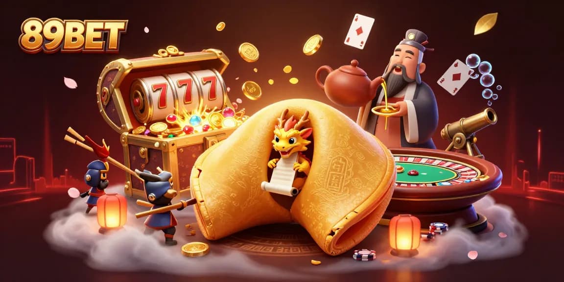 Spin the reels of 89BET featuring a colorful 3D illustration of a golden fortune cookie adventure with dragon and warriors.