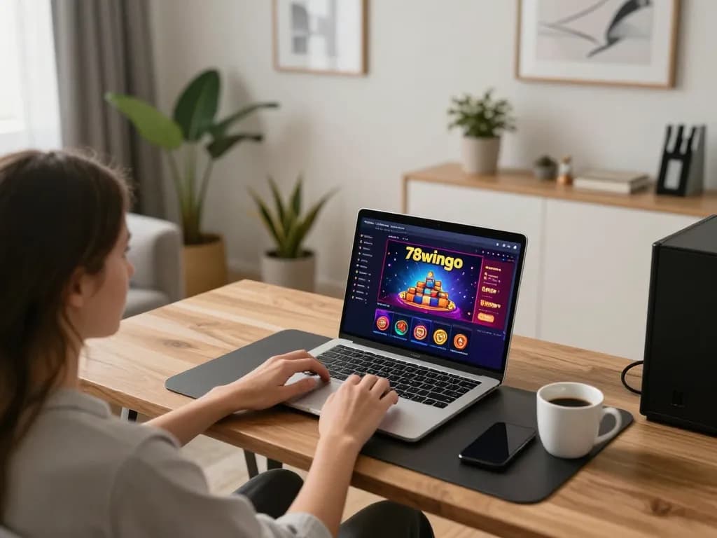 Player enjoying online gambling on 78wingo with a laptop and cozy home setup.