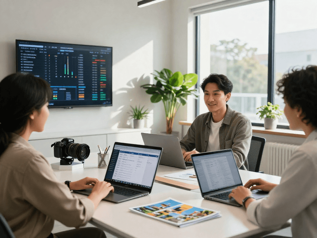 Real estate agents discussing IDXSTAR technology in a bright, modern office