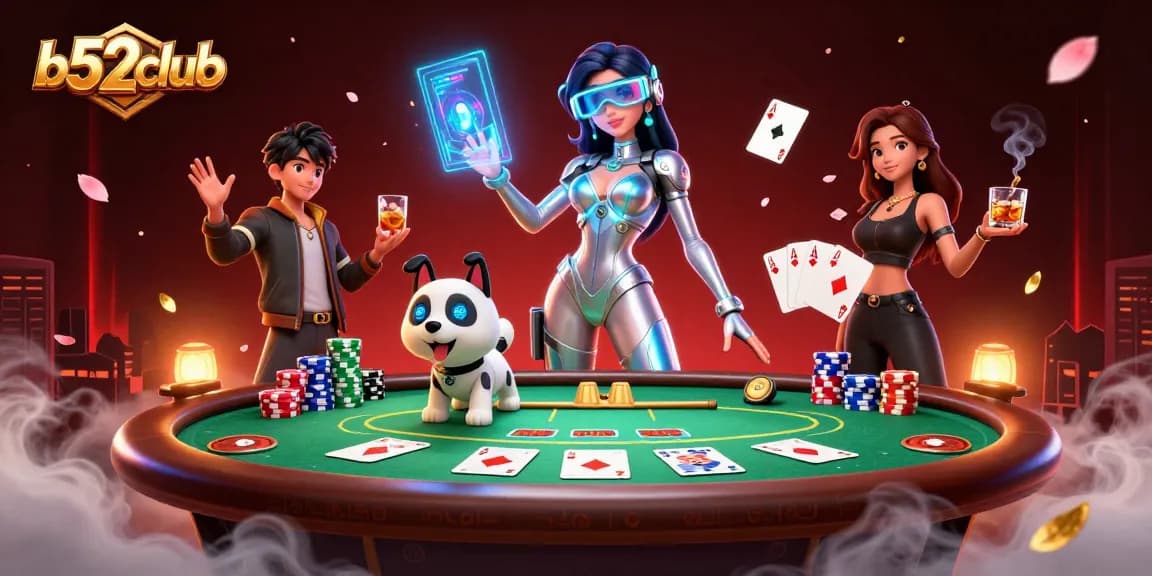 B52Club players strategizing around poker tables in an ultra-detailed 3D casino scene.