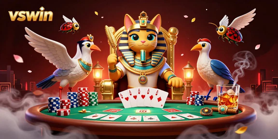 Engage with vswin through vibrant poker action featuring a pharaoh cat and its scribe.