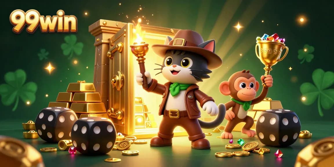 Engage with the vibrant 99win scene showcasing a treasure vault and golden artifacts.