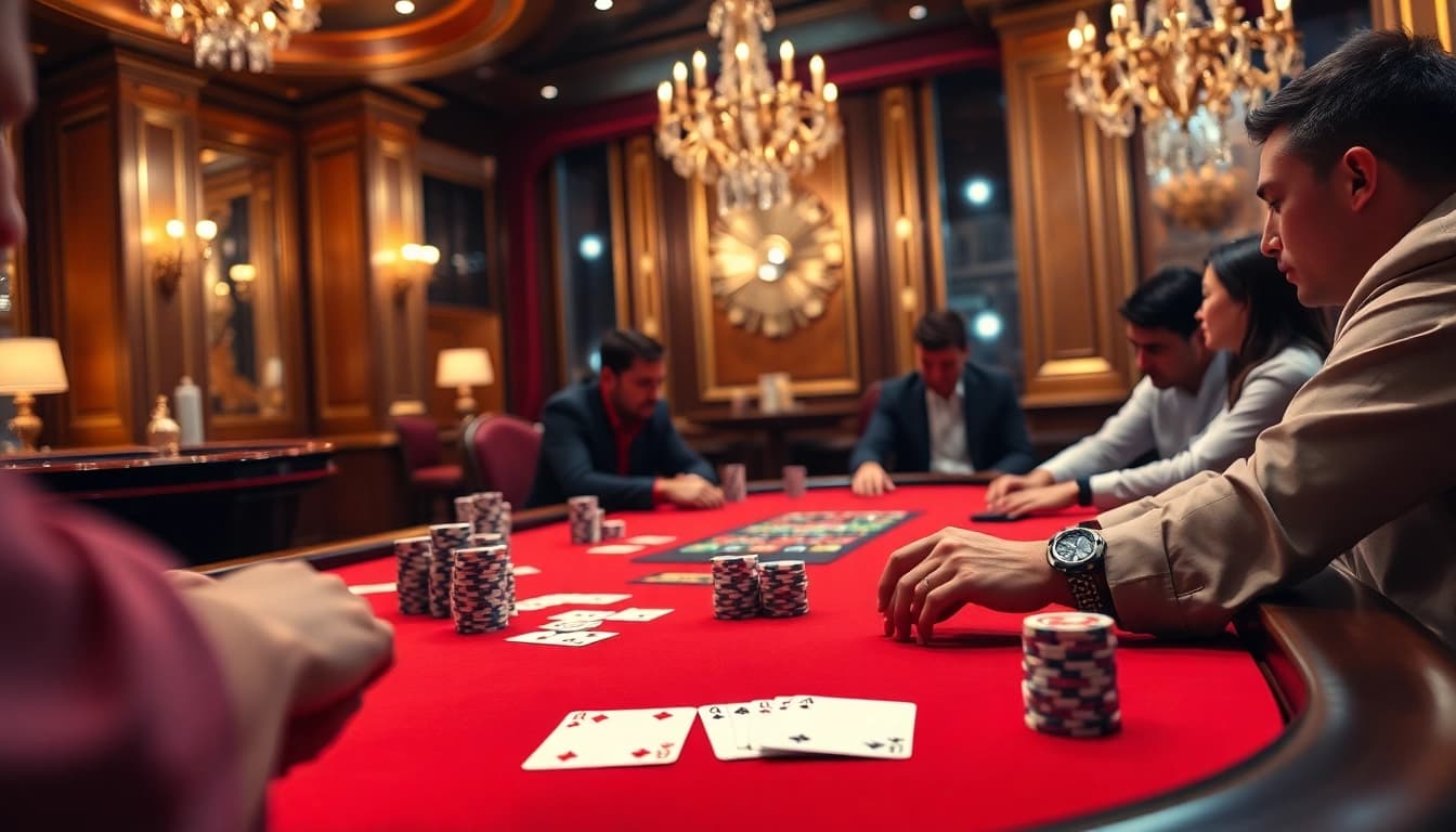 Engaged players at PG 88 poker table enjoying high-stakes excitement in a luxurious casino setting.