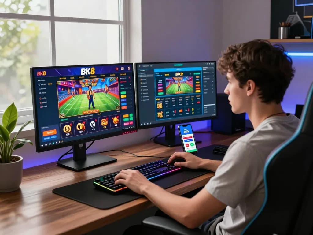 Engaged player experiencing BK8's vibrant online casino games and sports betting.