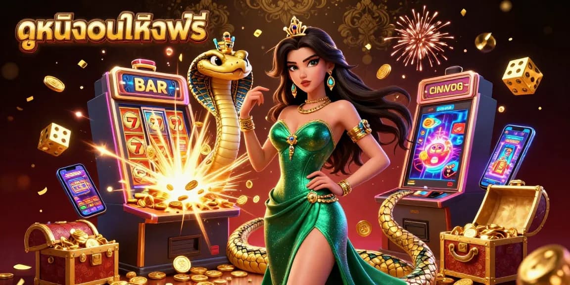 Experience ดูหนังออนไลน์ฟรี with a dazzling slot machine jackpot and captivating characters in a vibrant casino setting.