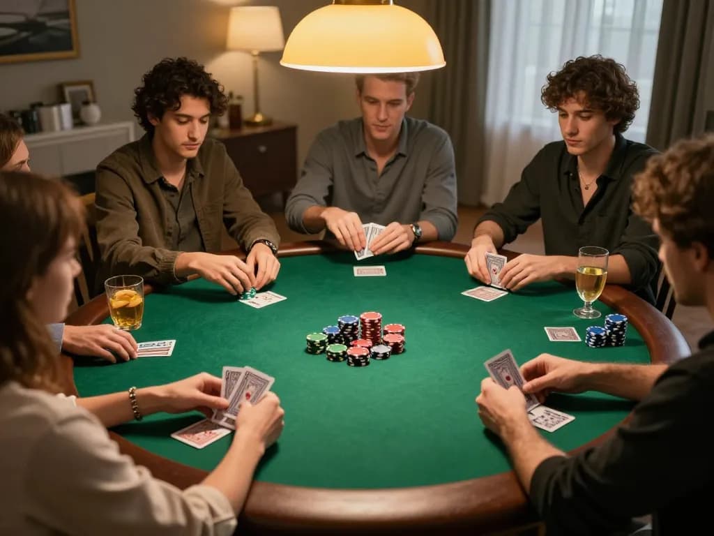 Xoso66 home poker night with friends playing cards, chips stacked on the table, creating a vibrant atmosphere.