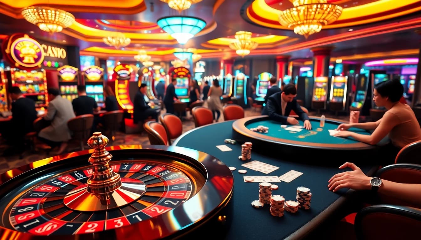 Experience the excitement of gambling at trang chủ da88 with a vibrant casino scene showcasing roulette, slots, and poker.