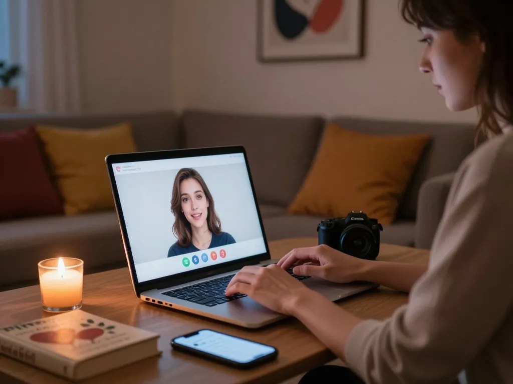 Engaging in ai porn chat on a laptop in a cozy atmosphere with warm lighting and romantic decor