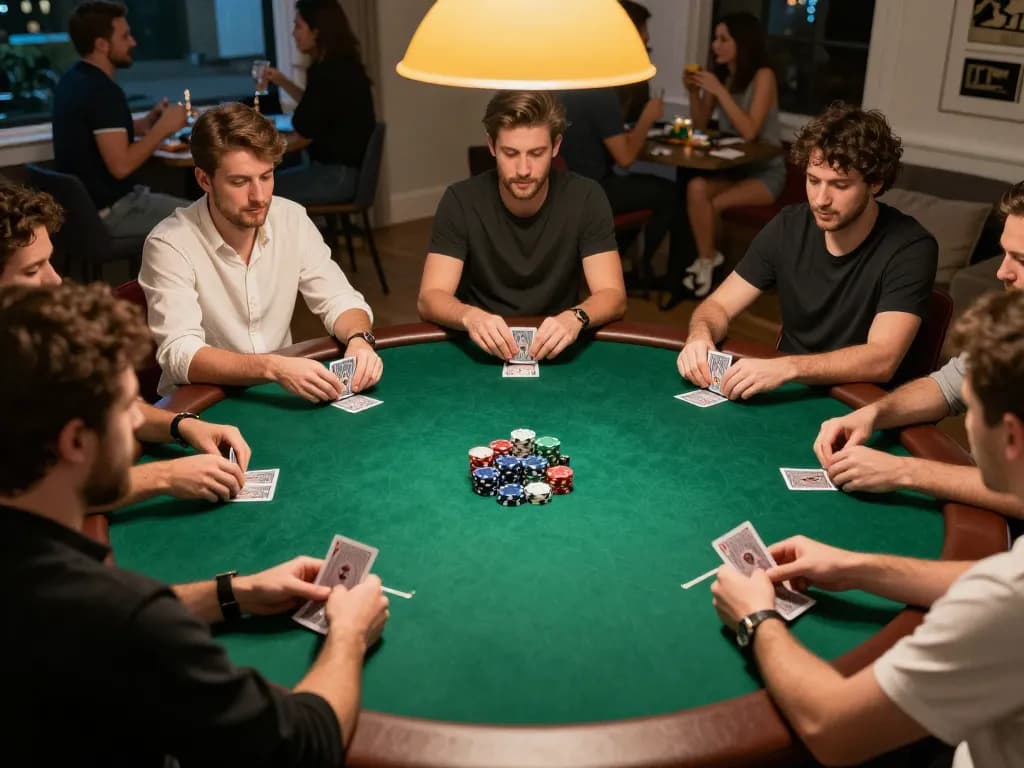 Players engage in an intense poker game at home, showcasing a vibrant 999bet poker night atmosphere.