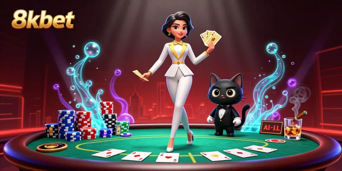 Enjoy thrilling gaming action with 8xbet as a glamorous dealer shuffles cards amidst colorful poker chips.