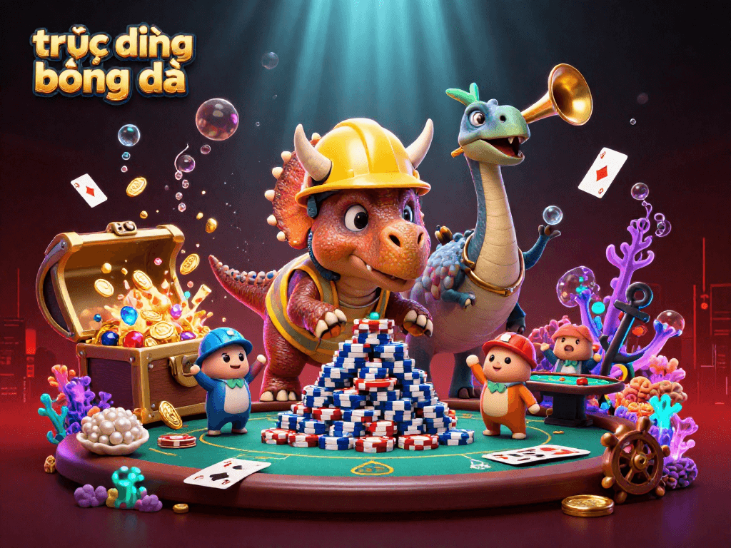 Experience trực tiếp bóng đá action with a triceratops building poker chip towers amid vibrant casino elements.