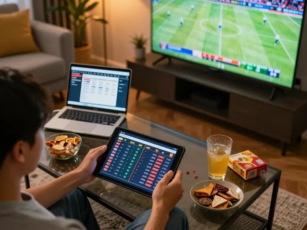 32win user analyzing sports stats on a tablet while enjoying comfortable home betting atmosphere.