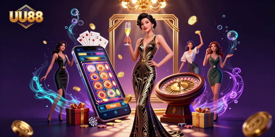 Experience the thrill of UU88 with a luxurious Asian casino scene featuring roulette and mobile gaming.