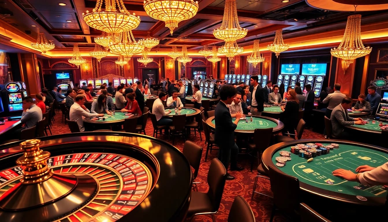 A dynamic casino experience showcasing 28bet gaming tables, vibrant slot machines, and excited players.