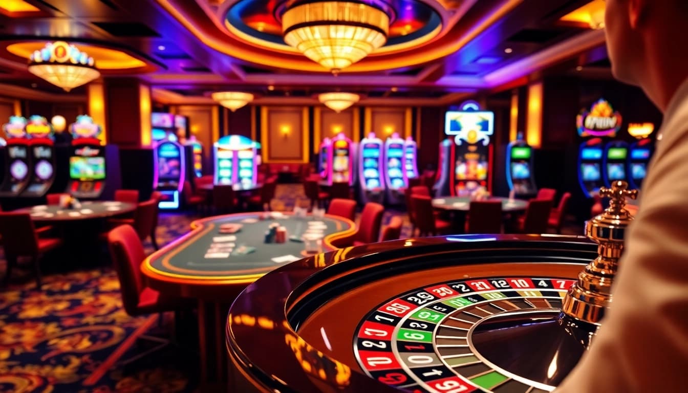A player enjoying the thrill of casino gaming at 789Betmediacom with roulette and poker tables in an elegant setting.