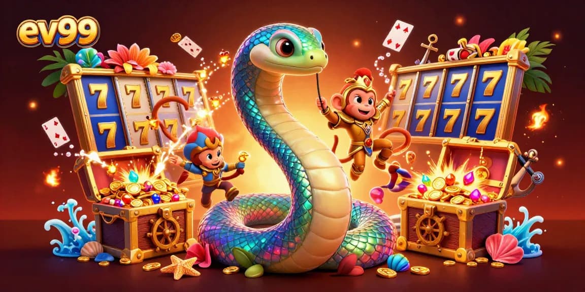 Spin the reels with ev99's vibrant casino scene featuring a rainbow serpent and golden monkey king.