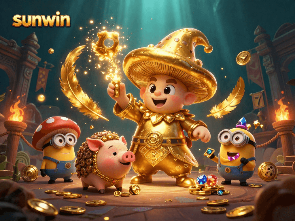 Experience thrilling wins at Sunwin with a magical mushroom wizard, slot reels, and treasures.