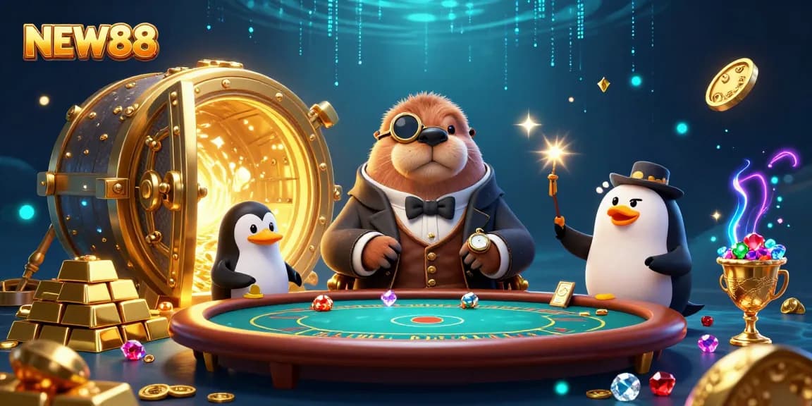 NEW88 players strategizing at an underwater poker table surrounded by treasures and 3D elements.