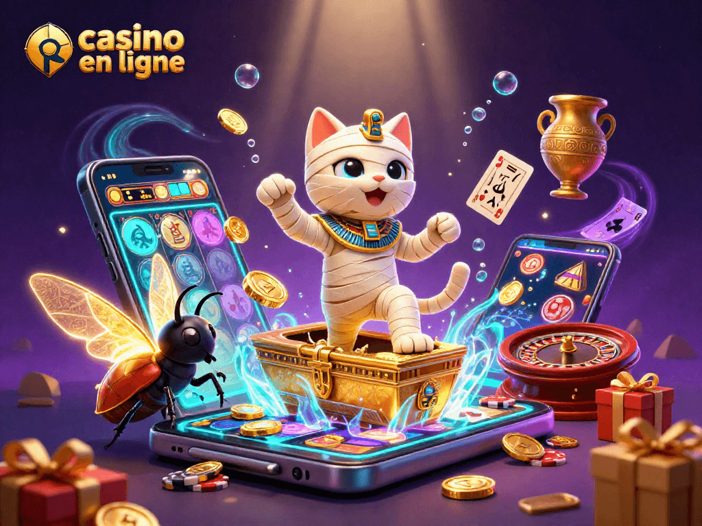 Plongez dans le monde des jeux avec le casino en ligne, où une momie égyptienne sympathique et un scarabée enjoué animent l'action ludique.