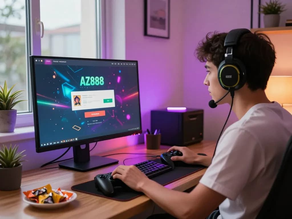 az888 đăng nhập screen with a focused gamer at a stylish desk in a warm, inviting home office.