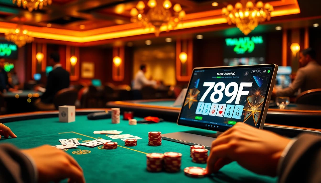 Action-packed scene at 789F, showcasing players betting at casino tables with vibrant chips and cards.