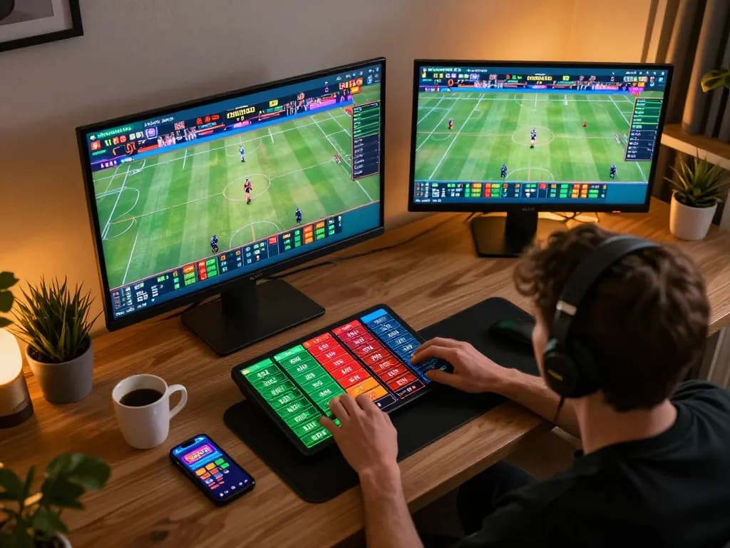 Engaging in sports betting on go88vn with multiple devices, featuring real-time odds and lively atmosphere.