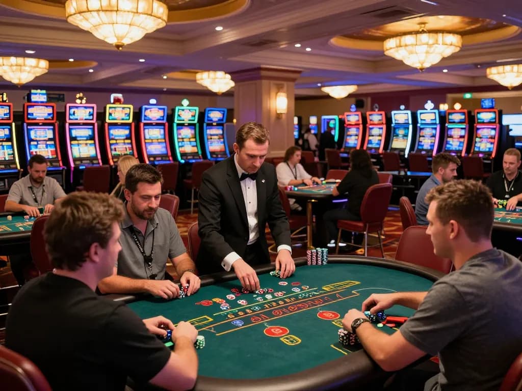 Players enjoying a thrilling blackjack game at a vibrant casino, showcasing the excitement of tr88.