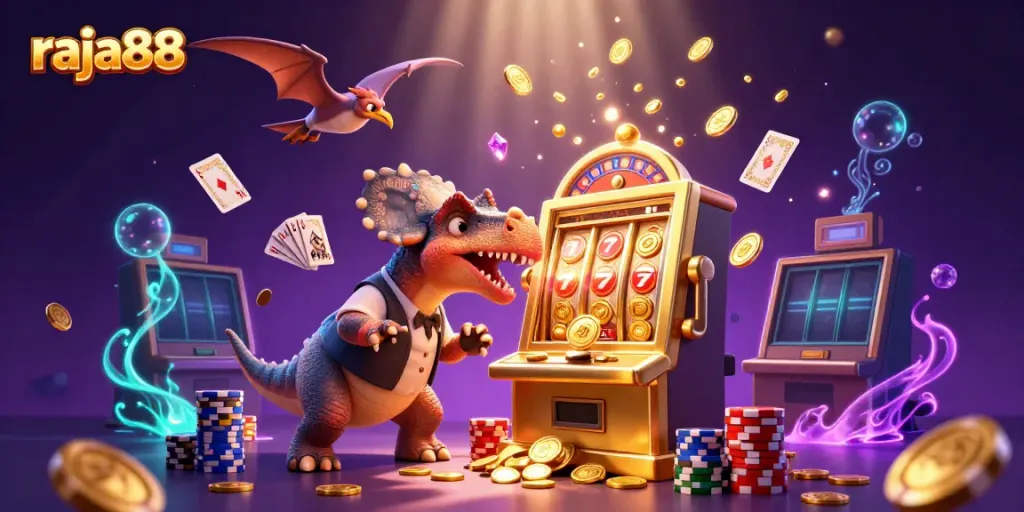 Watch a raja88 character headbutt a golden slot machine while a pteranodon catches flying coins in a lively scene.