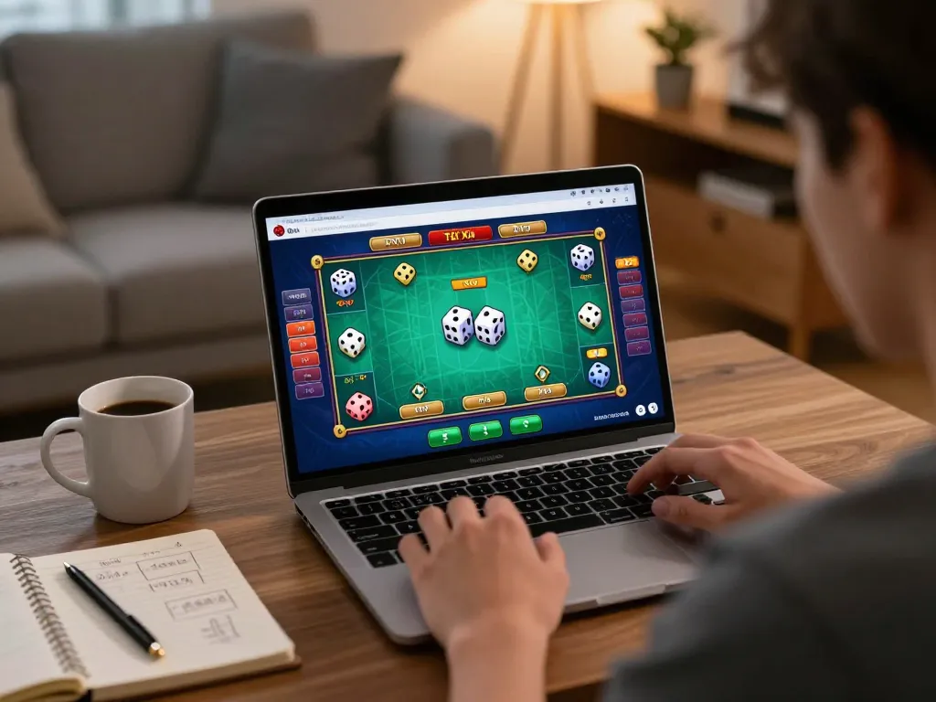 Player engaging with Tài Xỉu online gameplay through taixiuonlinego on laptop, showcasing strategic betting.