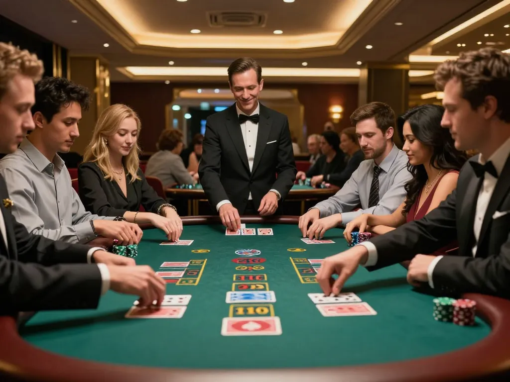 Bay789 players making strategic bets at a blackjack table in a vibrant casino atmosphere.