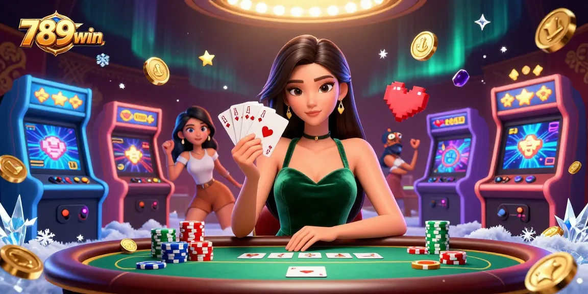 Experience the thrill of 789win at a vibrant poker table surrounded by arcade elements.