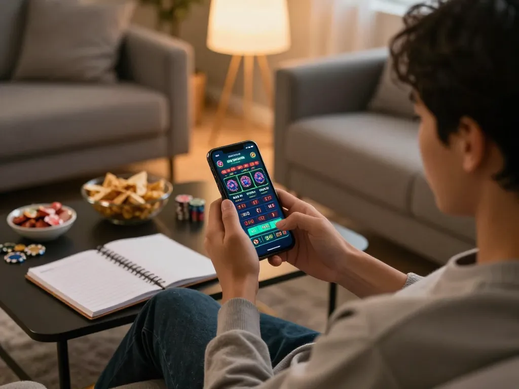 Player engaged in online gambling on xin88 app, enjoying a relaxing home environment with snacks.