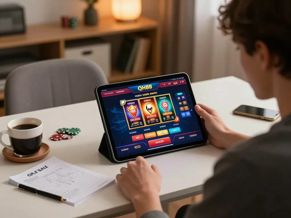 Player engaging with qh88go online casino app on a tablet at home desk, showcasing vibrant game interface.