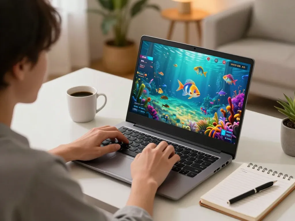 Bắn cá đổi thưởng being played on a laptop in a cozy home setting, emphasizing strategic gameplay.